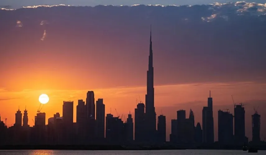 Dubai skyline at sunset with Burj Khalifa